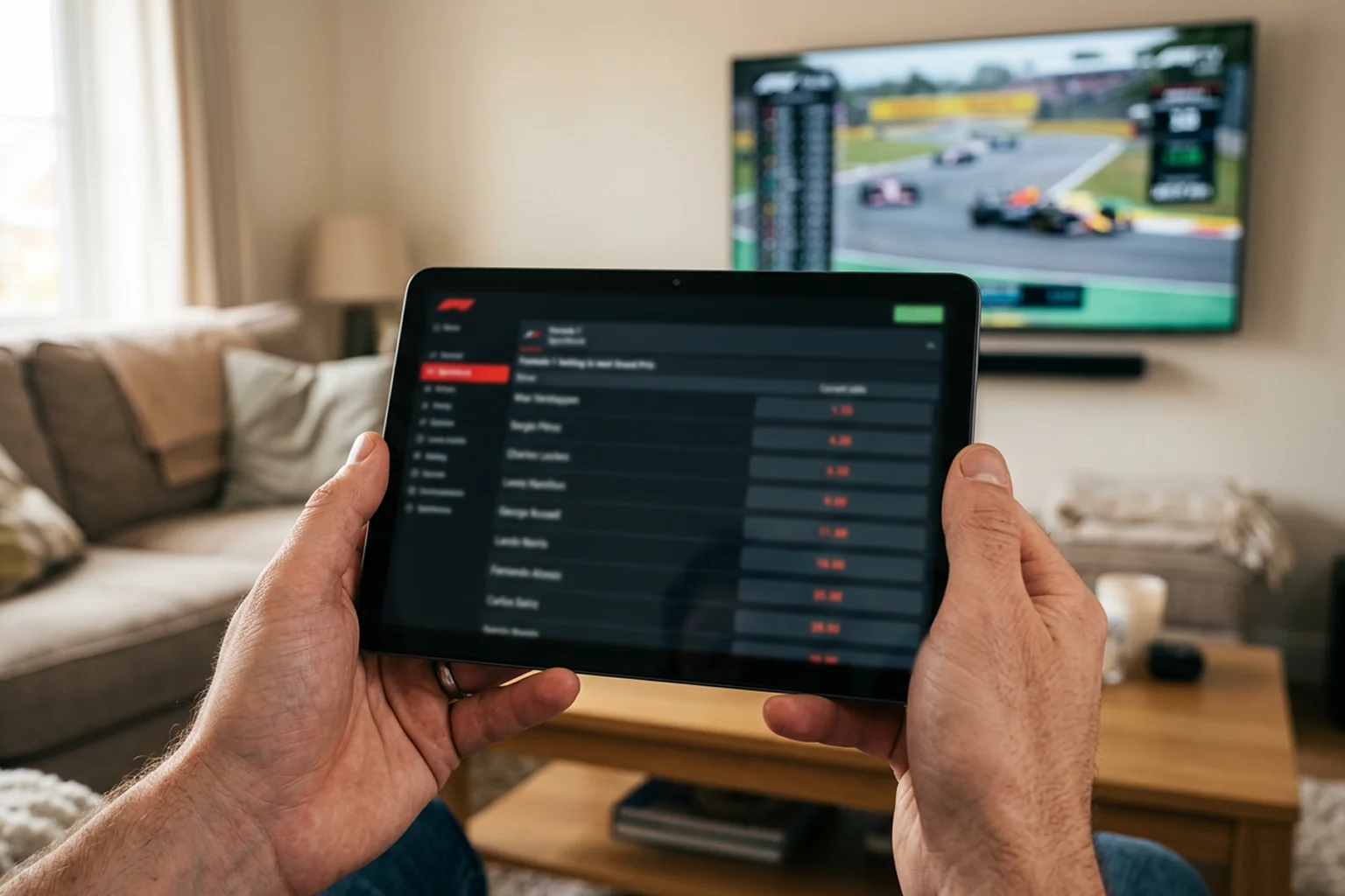 Pantalla con mercados de apuestas de Fórmula 1 mostrando cuotas de ganador, podio y head-to-head