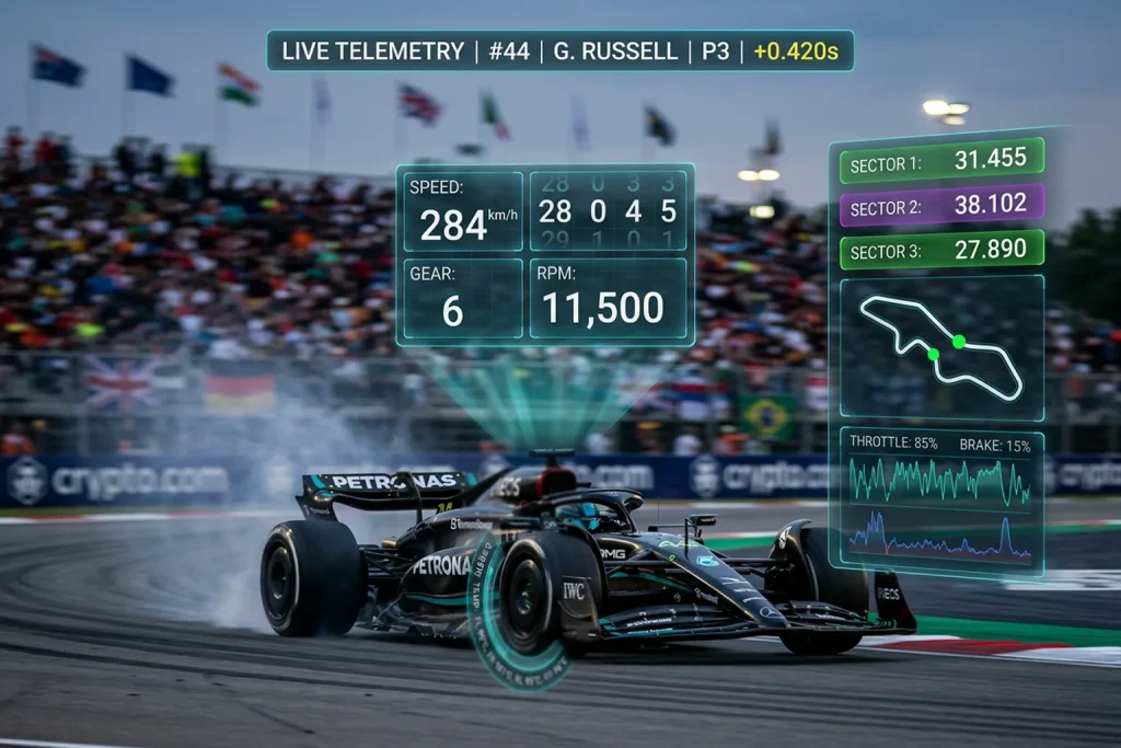 Monoplaza de Formula 1 en pista con superposicion de datos telemetricos y feeds de informacion en tiempo real