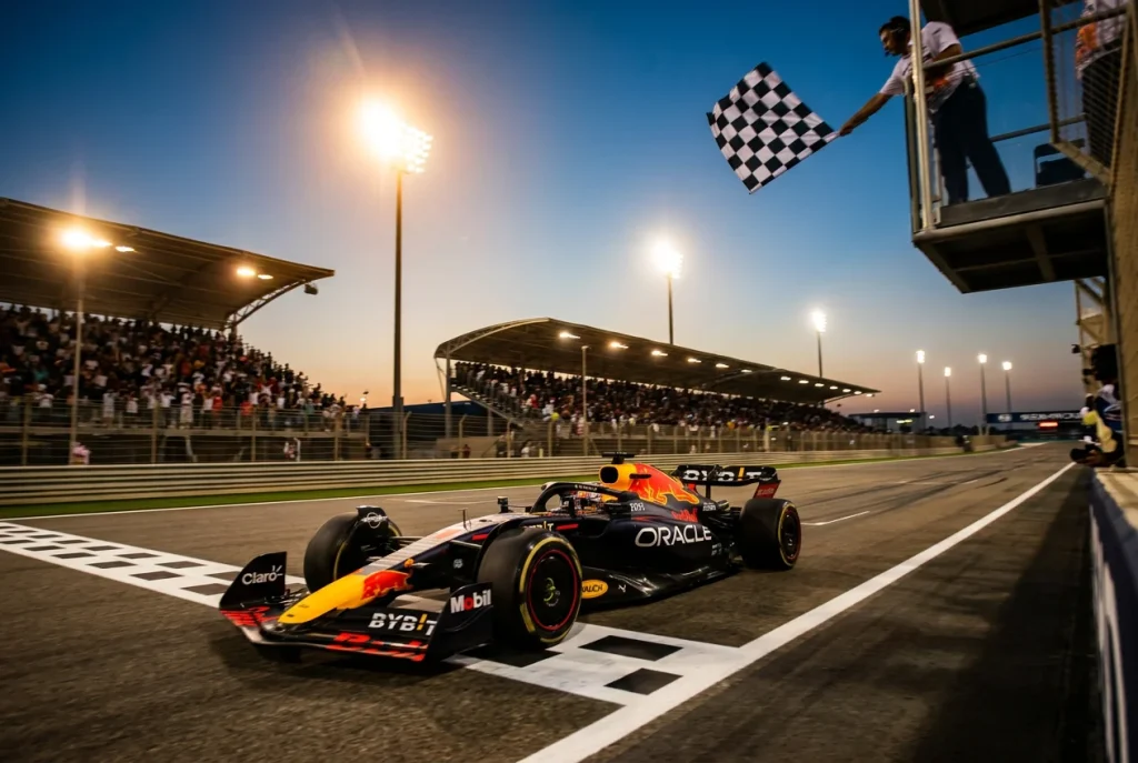 Monoplaza de Fórmula 1 cruzando la línea de meta en un Gran Premio bajo los focos del circuito