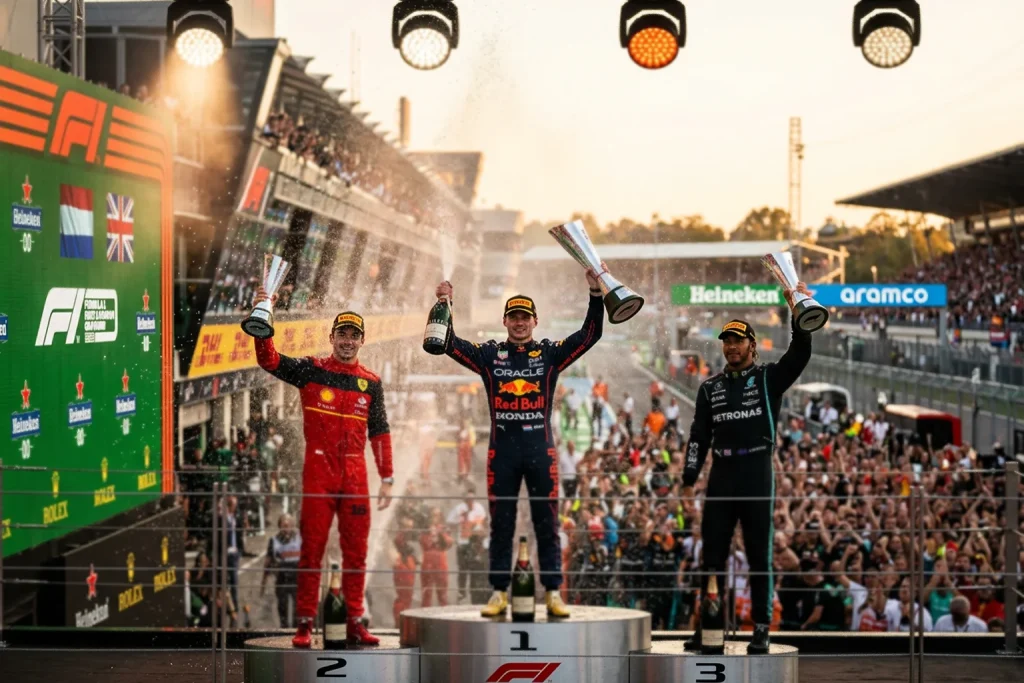 Tres pilotos de Fórmula 1 en el podio de un Gran Premio levantando sus trofeos