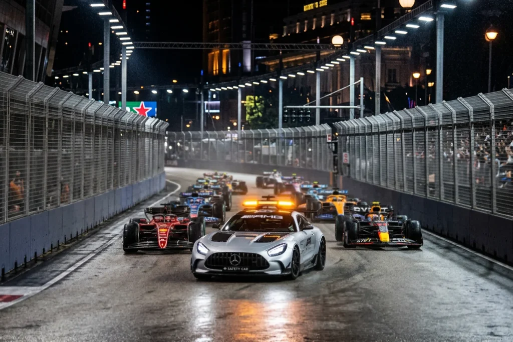 Safety Car de Fórmula 1 con luces encendidas liderando el pelotón en un circuito urbano
