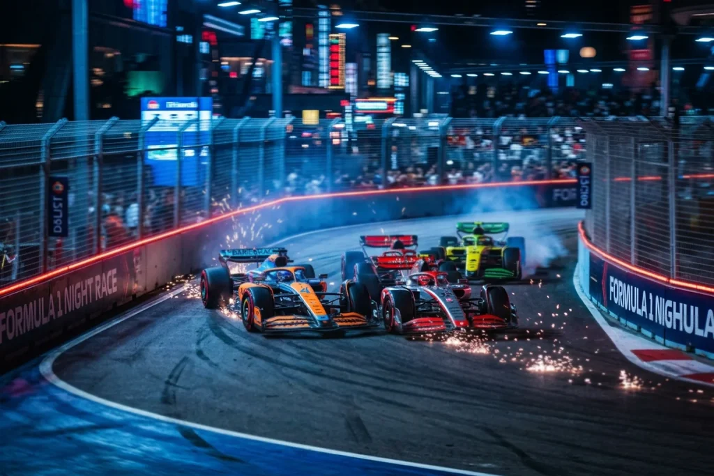 Apuestas en vivo en Fórmula 1 durante una carrera nocturna con monoplazas en pista