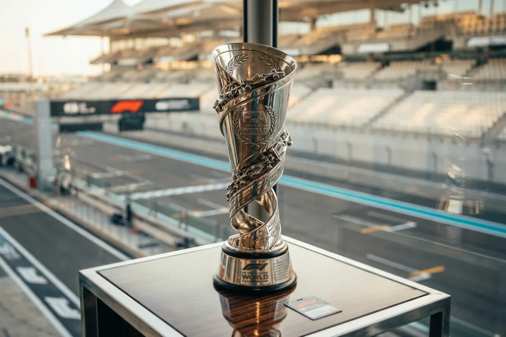 Trofeo del campeonato mundial de Fórmula 1 sobre una mesa junto a una parrilla de salida vacía