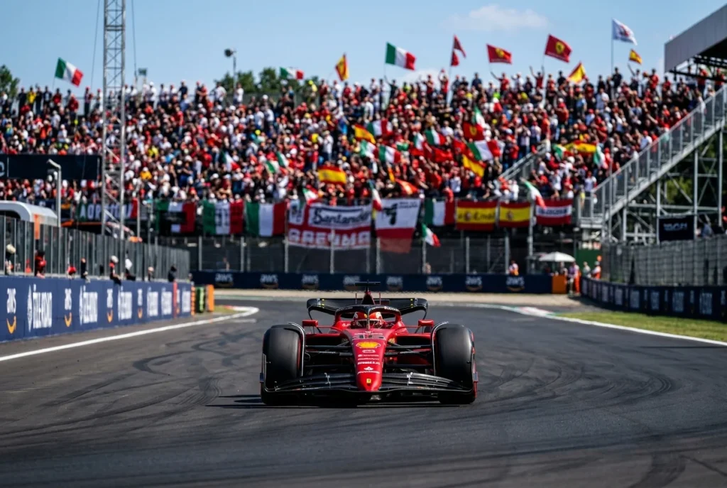 Monoplaza rojo de Fórmula 1 en recta principal de circuito con gradas de aficionados