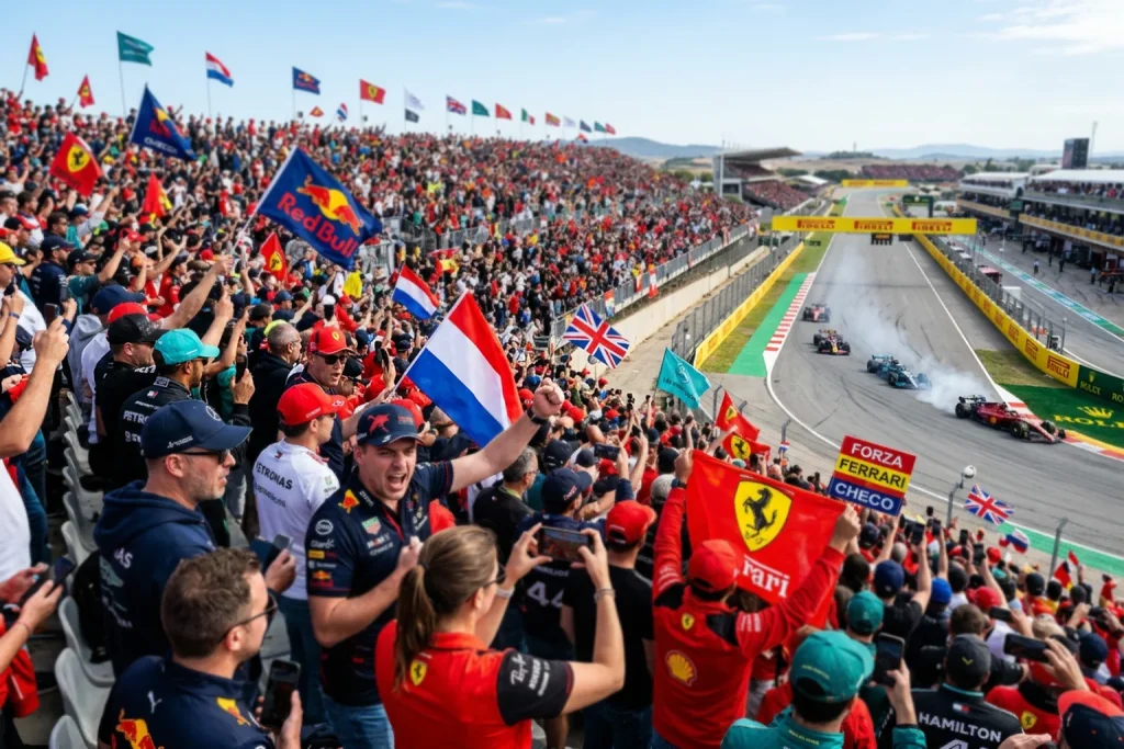 Tribuna llena de aficionados de Fórmula 1 con banderas de equipos y teléfonos móviles