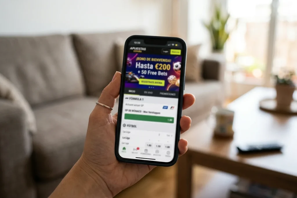 Pantalla de telefono movil mostrando una plataforma de apuestas deportivas con promocion de bono de bienvenida