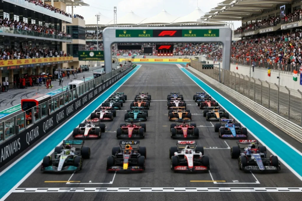 Parrilla de salida de Formula 1 con monoplazas alineados en la recta principal de un circuito antes del inicio de la carrera