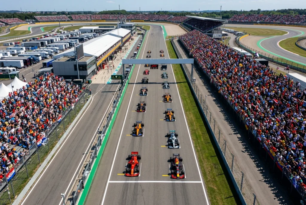 Vista aérea de circuito de Fórmula 1 con parrilla de salida y gradas llenas de espectadores