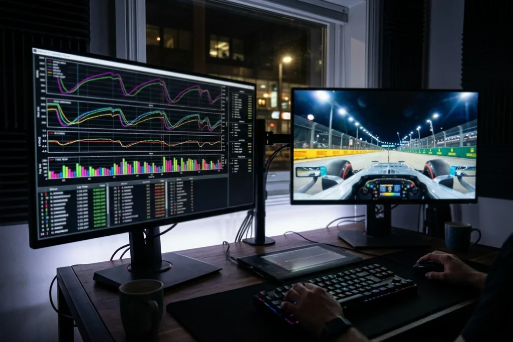 Monitor con datos de telemetría de Fórmula 1 y métricas de rendimiento para apuestas