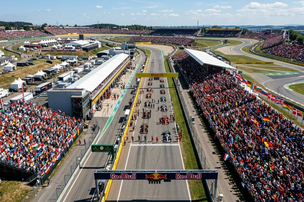 Vista panoramica de un circuito de Formula 1 durante un fin de semana de Gran Premio con tribunas llenas de espectadores