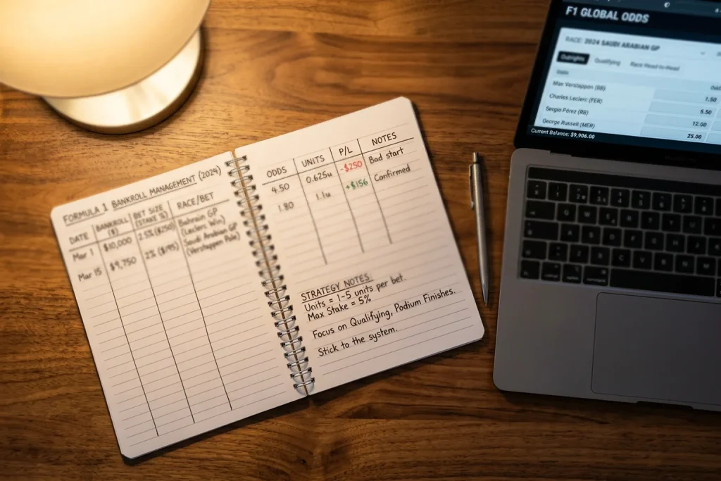 Libreta con anotaciones de gestión de bankroll junto a una pantalla con cuotas de Fórmula 1