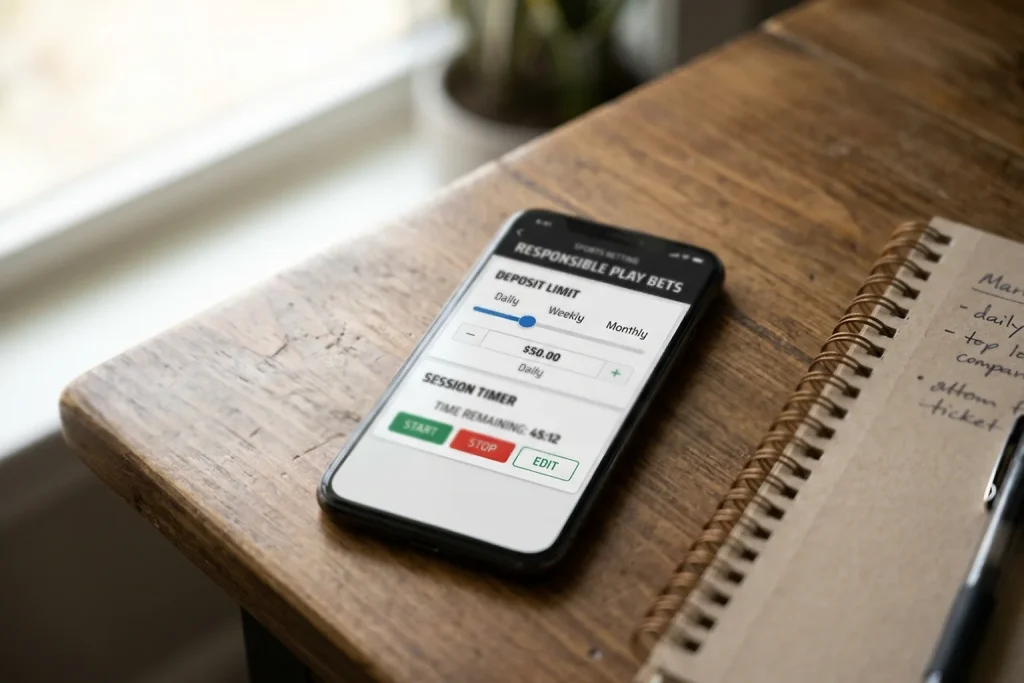 Pantalla de teléfono móvil mostrando herramientas de límites de apuestas deportivas