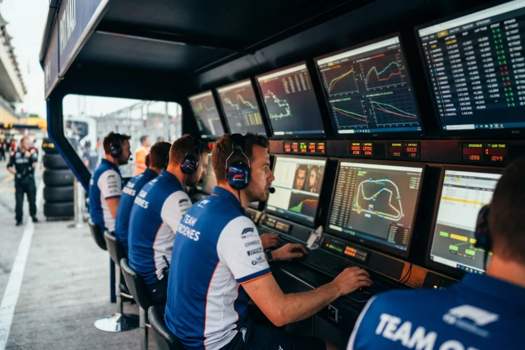 Muro de boxes de un equipo de Formula 1 con ingenieros monitoreando pantallas de estrategia durante una carrera