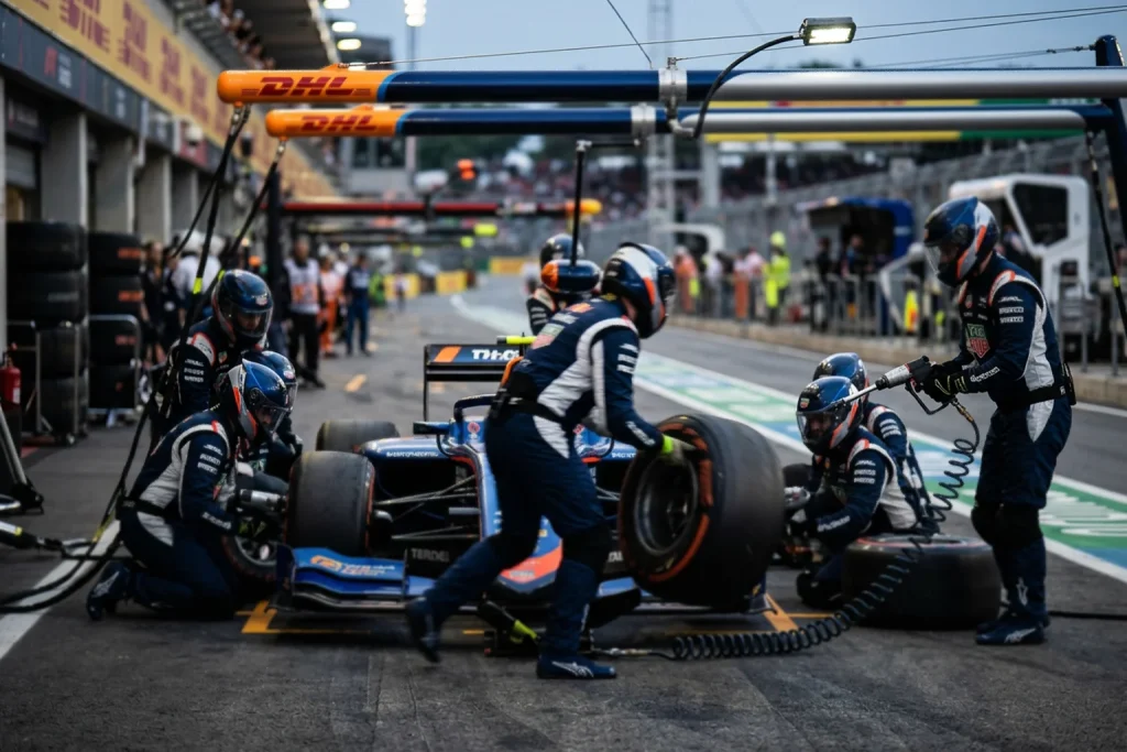 Equipo de mecanicos de Formula 1 realizando un pit stop a un monoplaza en el pit lane durante una carrera