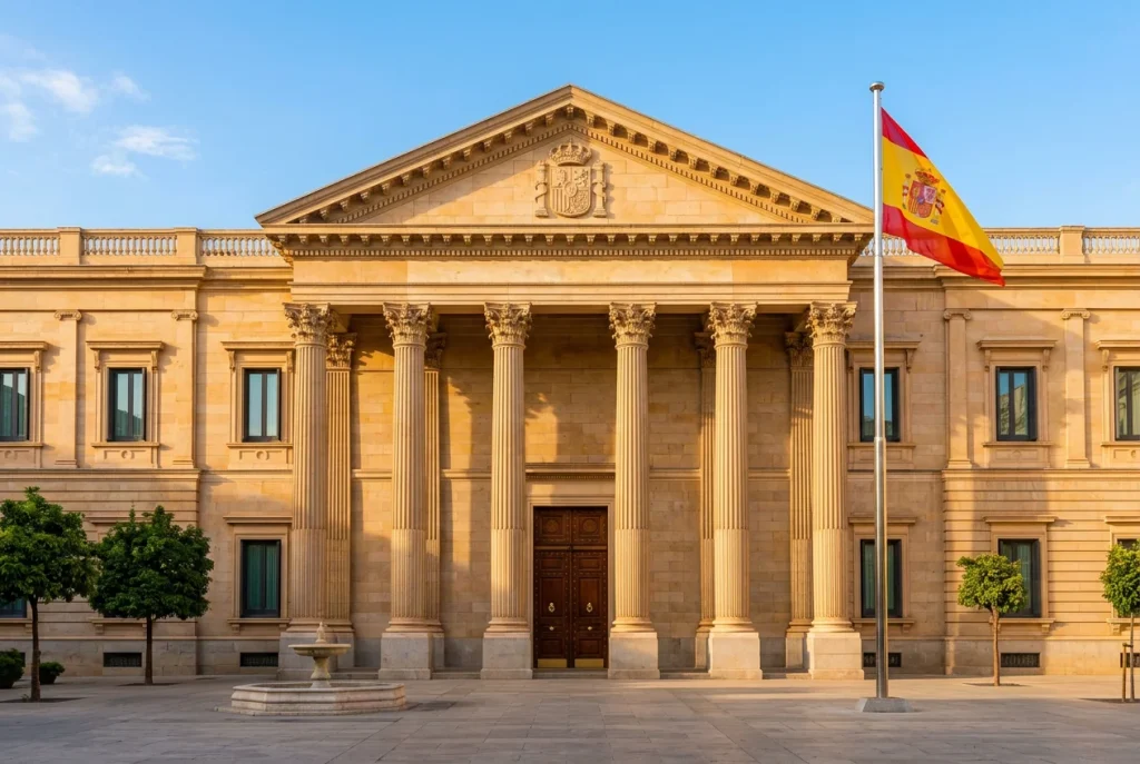 Edificio institucional español con la bandera de España representando la regulación del juego