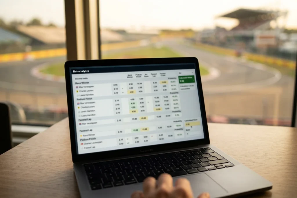 Pantalla de cuotas de Fórmula 1 con cálculo de probabilidad implícita sobre fondo de circuito